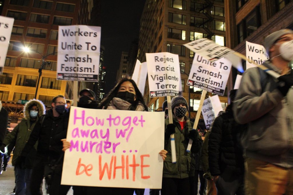 Protesters in Chicago denounce the racist verdict in the trial of Kyle Rittenhouse. Liberation photo