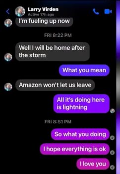 AmazontextLarryVirden | MR Onlinenbsp | Screenshot of the final text exchange between tornado victim Larry and his girlfriend stating Amazon wont let us leave Credit MorePerfectUS | MR Online