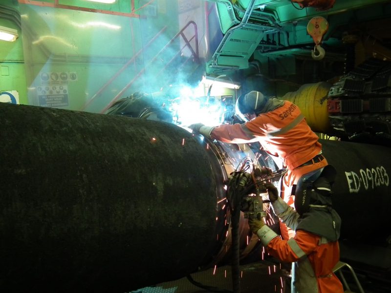 Nord Stream - two pipes are welded together on the Castoro Sei pipelaying vessel