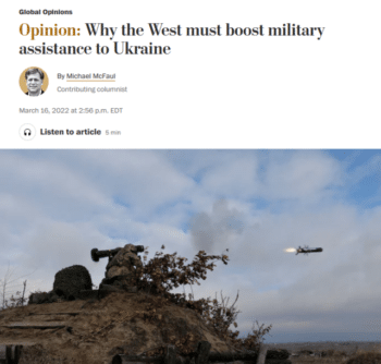 WaPoUkraineEscalation | MR Online | Michael McFaul assures Washington Post readers 31622 If the risk of Russias escalation can be assessed to be below the nuclear threshold thenthe transfer of planes or air defense systems will not trigger World War III | MR Online