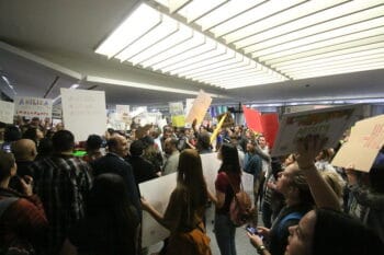 Muslim ban | MR Online | A protest at San Francisos International Airport one of a number of impromptu demonstrations that took place at US airports in the immediate aftermath Trumps executive order instituting a Muslim Ban Photo by Quinn Norton | MR Online