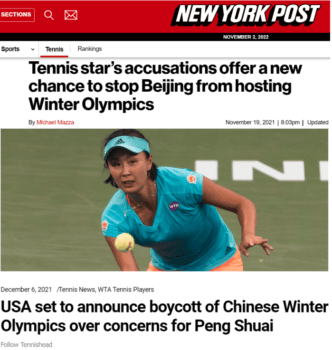 Tennishead magazine wrote December 6 2021 The USA are reportedly set to announce a diplomatic boycott of the Beijing Olympic Games this week in response to the censorship of Peng Shuai and her sexual assault allegations This boycott was carried out by the United States and its Western coalition of the willing Source Screenshot courtesy of Felix Abt | MR Online | Tennishead magazine wrote December 6 2021 The USA are reportedly set to announce a diplomatic boycott of the Beijing Olympic Games this week in response to the censorship of Peng Shuai and her sexual assault allegations This boycott was carried out by the United States and its Western coalition of the willing Source Screenshot courtesy of Felix Abt | MR Online