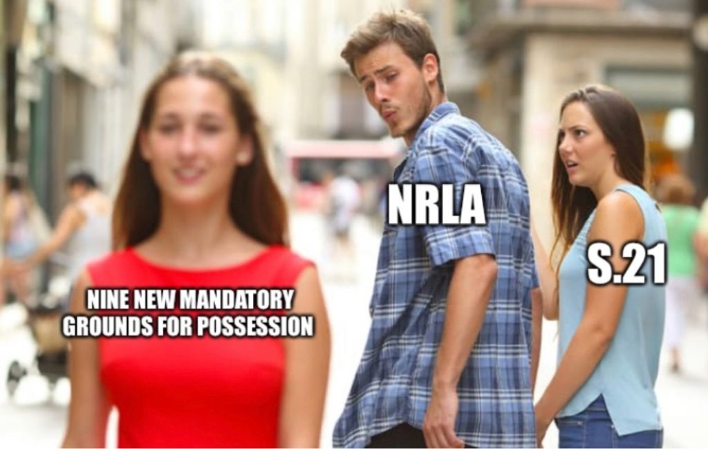 meme in which a boy labelled NRLA (National Residential Landlords Association), checks out a woman labelled '9 new mandatory grounds for possession'. NRLA is also holding hands with a woman labelled 'Section 21', who reacts angrily to his wandering eyes.