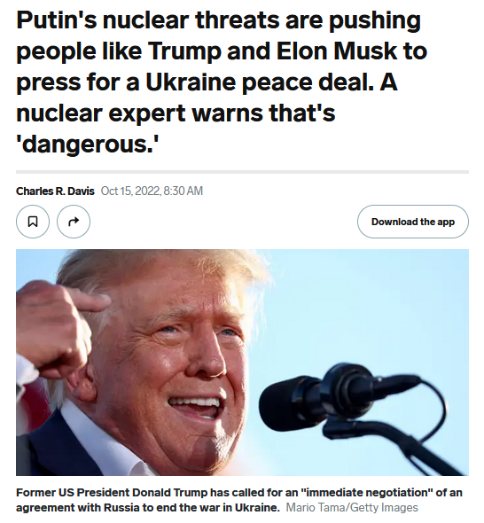| MR Online | Insider Putin | MR Online's nuclear threats are pushing people like Trump and Elon Musk to press for a Ukraine peace deal. A nuclear expert warns that's 'dangerous.'