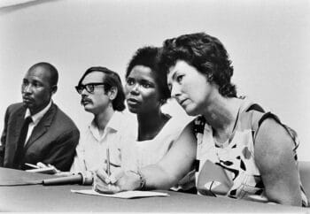 David Hemson second from the left Harriet Bolton far right and textile workers Joyce Gumede second from the right and Desmond Matabela far left attend a strike meeting in Bolton Hall Credit David Hemson Collection University of Cape Town Libraries | MR Online | David Hemson second from the left Harriet Bolton far right and textile workers Joyce Gumede second from the right and Desmond Matabela far left attend a strike meeting in Bolton Hall Credit David Hemson Collection University of Cape Town Libraries | MR Online